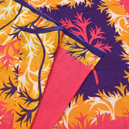 Indian Vintage Sari Pink & Saffron Printed 100% Pure Cotton Sarees Craft Fabric 5Yd Soft Sewing Sarong Wrap Floral Boho Quilting Crafting
