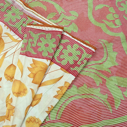 Indian Vintage Sari Red & White Printed 100% Pure Cotton Saree Craft Fabric 5Yd Sewing Sarong Wrap Boho Floral Dress making Quilting