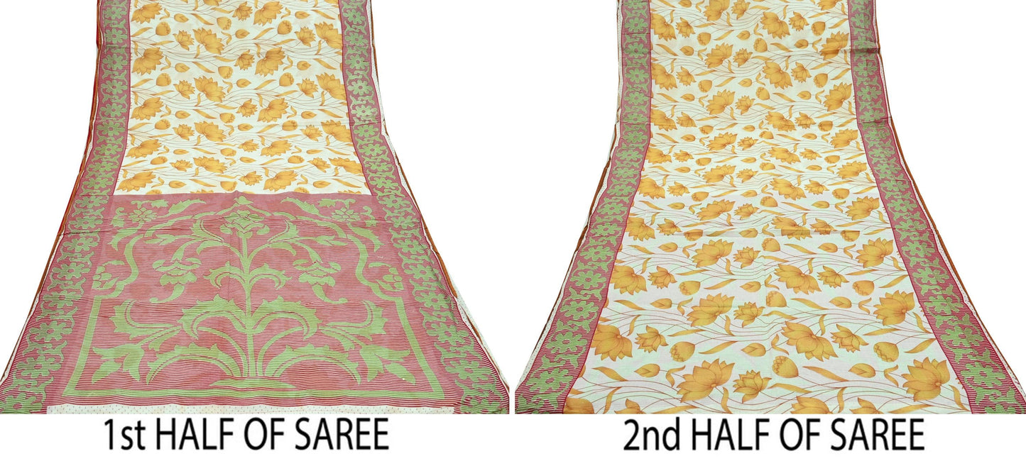 Indian Vintage Sari Red & White Printed 100% Pure Cotton Saree Craft Fabric 5Yd Sewing Sarong Wrap Boho Floral Dress making Quilting