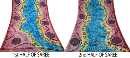 Indian Women Vintage Sari Blue & Maroon Blend Georgette Printed Saree Sewing 5yd Soft Craft Floral Wrap Boho Dress making Crafting