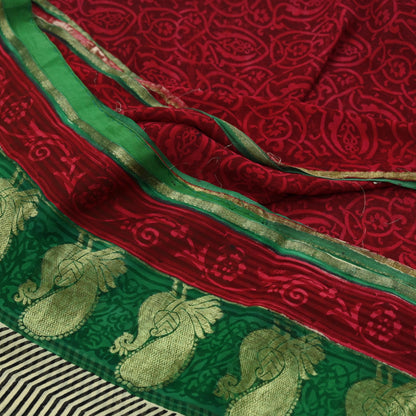 Women Indian Vintage Sari Red & Green Pure Georgette Silk Block Printed Sarees Craft Fabric Sewing 5Yd Dress Making Quilting Crafting Zari