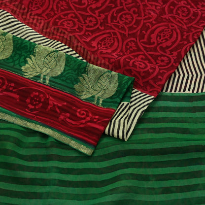 Women Indian Vintage Sari Red & Green Pure Georgette Silk Block Printed Sarees Craft Fabric Sewing 5Yd Dress Making Quilting Crafting Zari