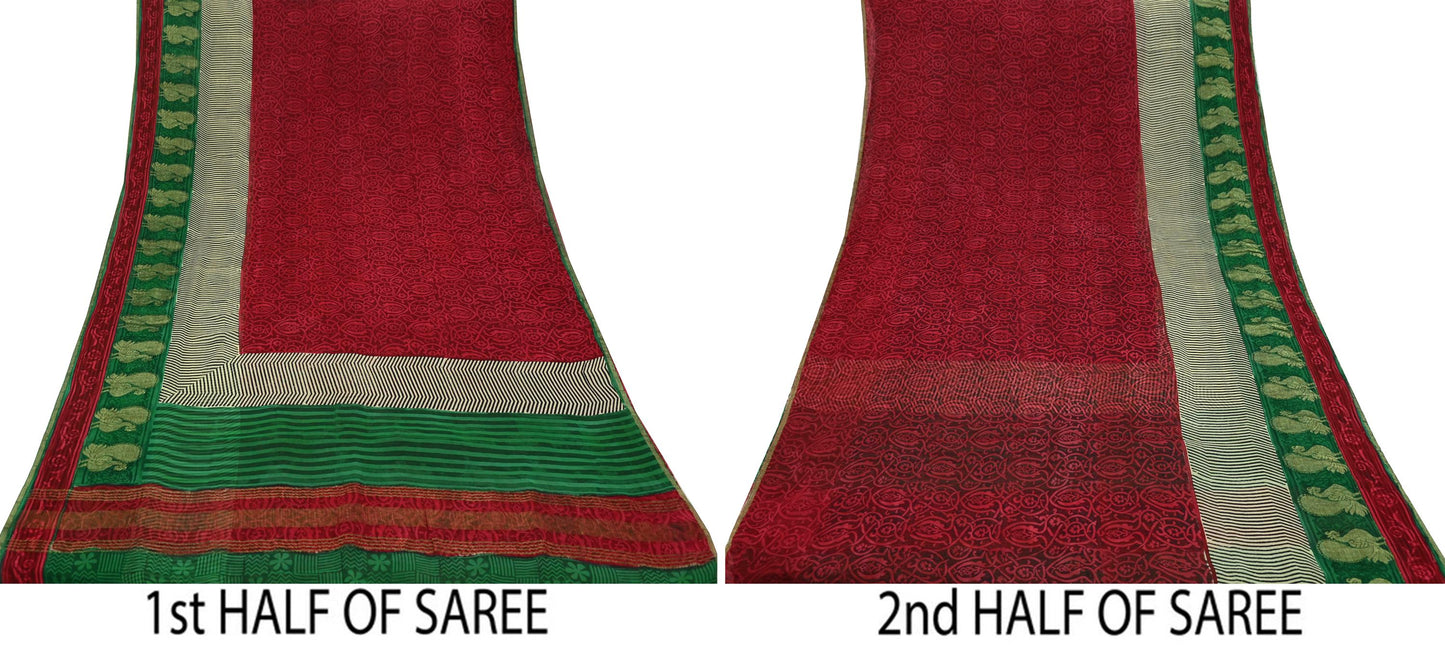 Women Indian Vintage Sari Red & Green Pure Georgette Silk Block Printed Sarees Craft Fabric Sewing 5Yd Dress Making Quilting Crafting Zari