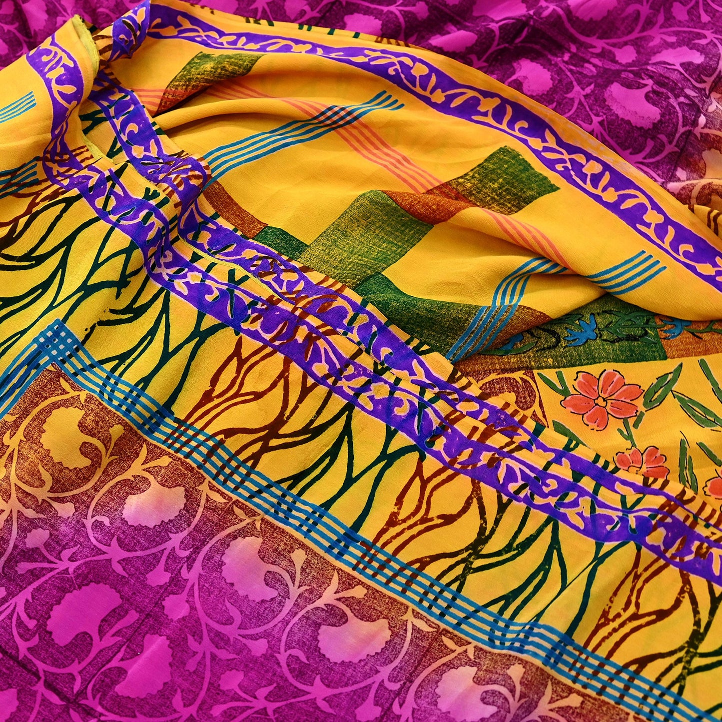 Indian Vintage Sari Yellow & Purple Pure Crepe Silk Block Printed Saree 5yd Sewing Floral Craft Fabric Wrap Dress making For Crafting