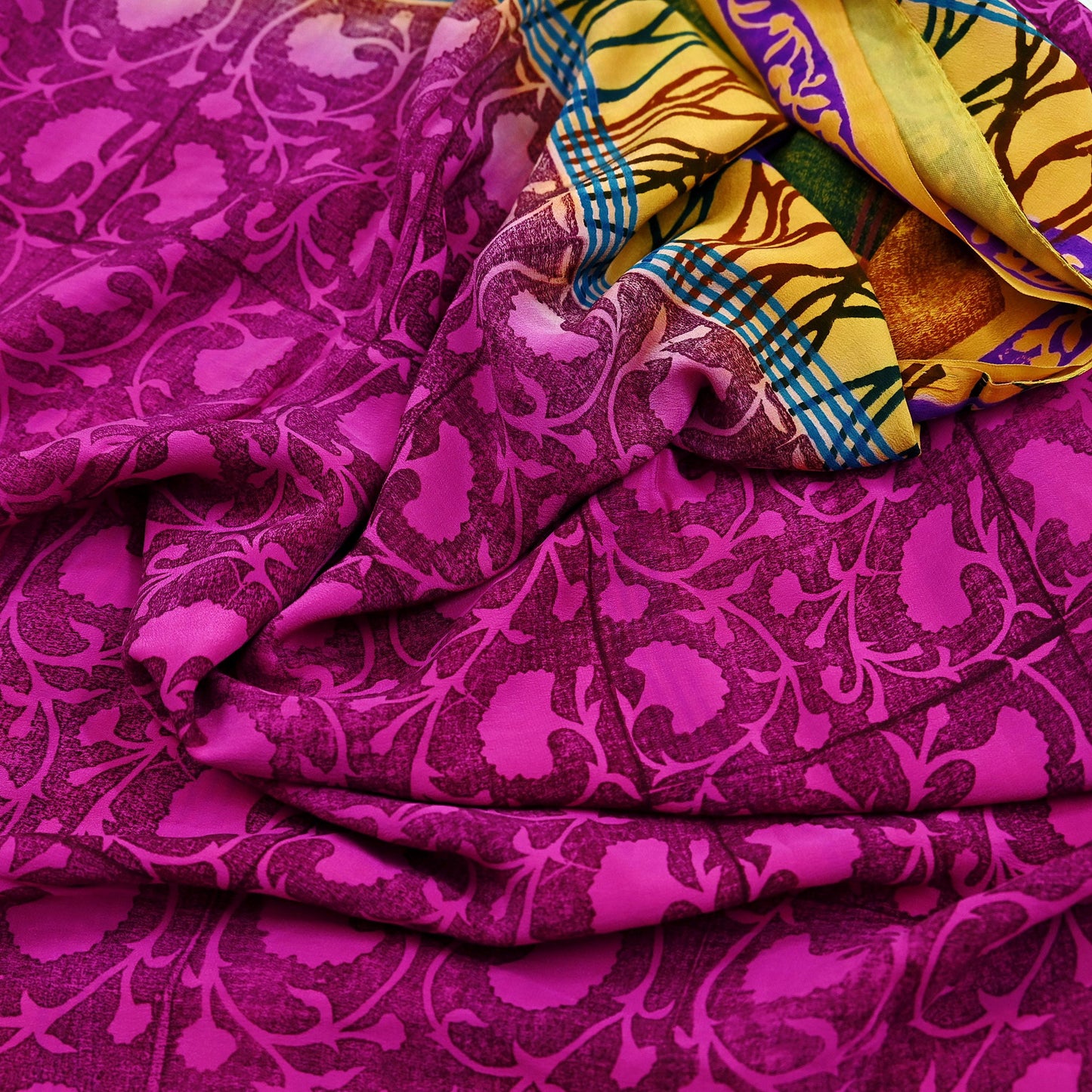 Indian Vintage Sari Yellow & Purple Pure Crepe Silk Block Printed Saree 5yd Sewing Floral Craft Fabric Wrap Dress making For Crafting
