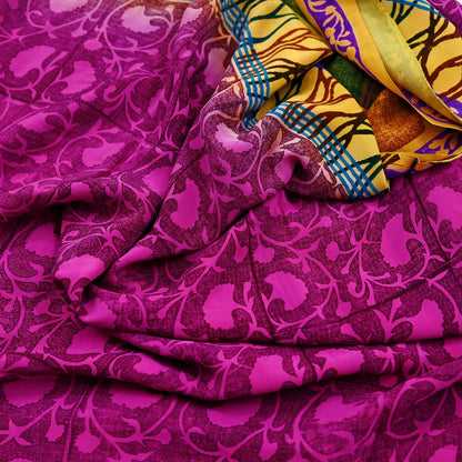 Indian Vintage Sari Yellow & Purple Pure Crepe Silk Block Printed Saree 5yd Sewing Floral Craft Fabric Wrap Dress making For Crafting