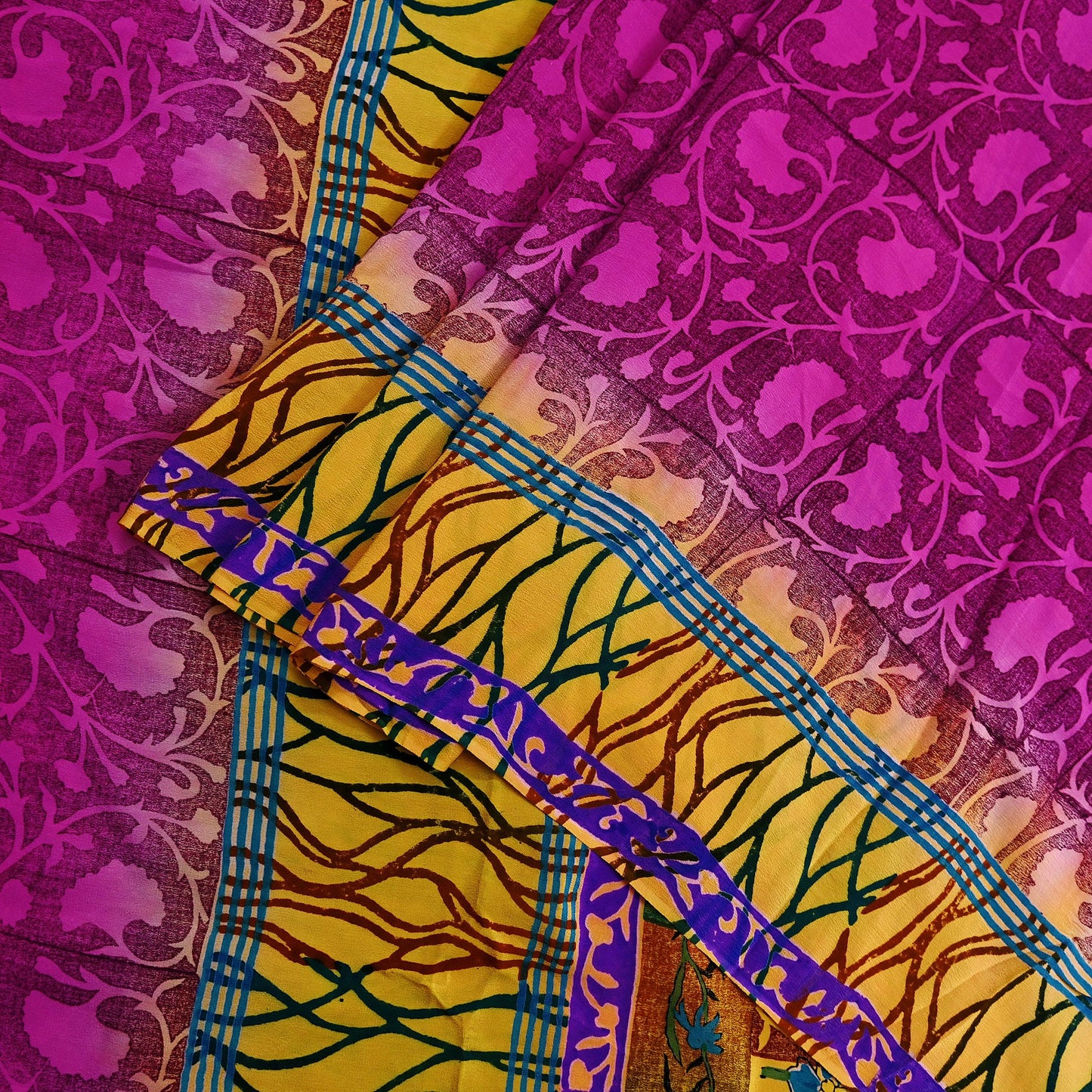 Indian Vintage Sari Yellow & Purple Pure Crepe Silk Block Printed Saree 5yd Sewing Floral Craft Fabric Wrap Dress making For Crafting