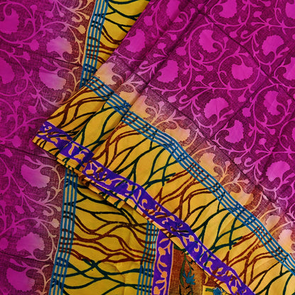 Indian Vintage Sari Yellow & Purple Pure Crepe Silk Block Printed Saree 5yd Sewing Floral Craft Fabric Wrap Dress making For Crafting