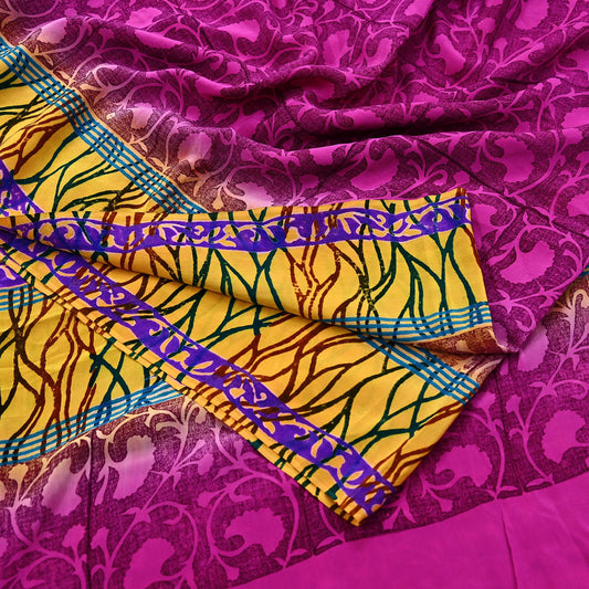Indian Vintage Sari Yellow & Purple Pure Crepe Silk Block Printed Saree 5yd Sewing Floral Craft Fabric Wrap Dress making For Crafting