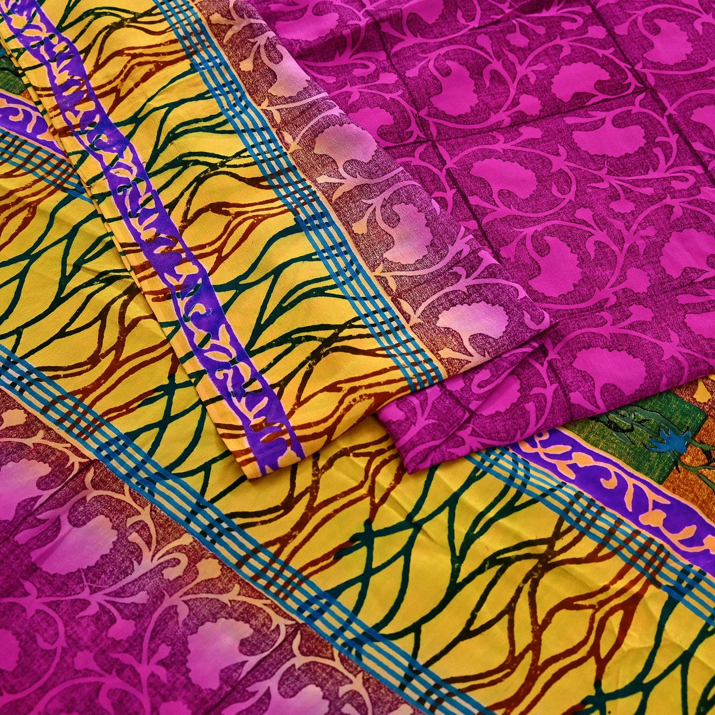 Indian Vintage Sari Yellow & Purple Pure Crepe Silk Block Printed Saree 5yd Sewing Floral Craft Fabric Wrap Dress making For Crafting