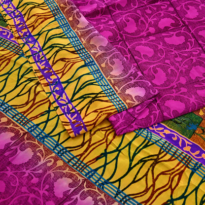 Indian Vintage Sari Yellow & Purple Pure Crepe Silk Block Printed Saree 5yd Sewing Floral Craft Fabric Wrap Dress making For Crafting