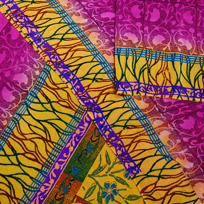Indian Vintage Sari Yellow & Purple Pure Crepe Silk Block Printed Saree 5yd Sewing Floral Craft Fabric Wrap Dress making For Crafting