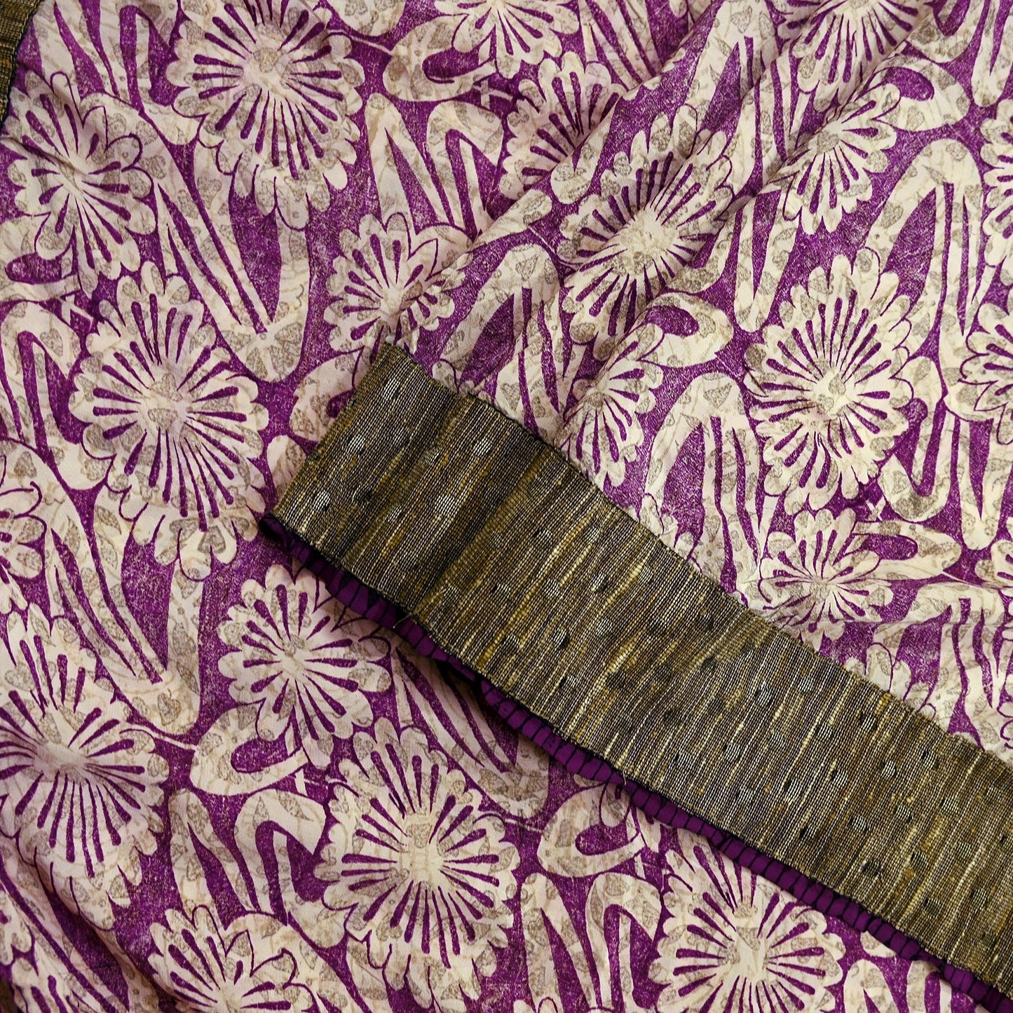 Indian Vintage Sari Ivory & Purple Saree Pure Crepe Silk Printed Sarees 5yd Sewing Floral Soft Craft Fabric Wrap Crafting Dress making
