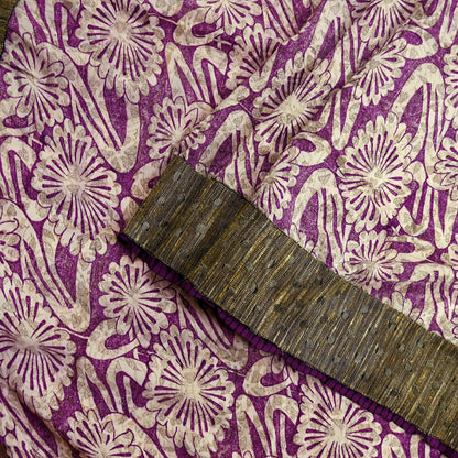 Indian Vintage Sari Ivory & Purple Saree Pure Crepe Silk Printed Sarees 5yd Sewing Floral Soft Craft Fabric Wrap Crafting Dress making