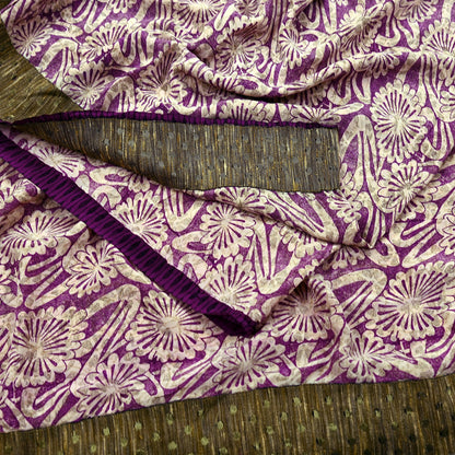 Indian Vintage Sari Ivory & Purple Saree Pure Crepe Silk Printed Sarees 5yd Sewing Floral Soft Craft Fabric Wrap Crafting Dress making