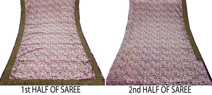 Indian Vintage Sari Ivory & Purple Saree Pure Crepe Silk Printed Sarees 5yd Sewing Floral Soft Craft Fabric Wrap Crafting Dress making