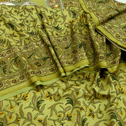 Indian Vintage Sari Green Pure Silk Printed Sarees 5yd Sewing Craft Fabric Dress Making  Soft Floral Wrap Upcycle Used Quilting Crafting