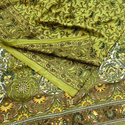 Indian Vintage Sari Green Pure Silk Printed Sarees 5yd Sewing Craft Fabric Dress Making  Soft Floral Wrap Upcycle Used Quilting Crafting