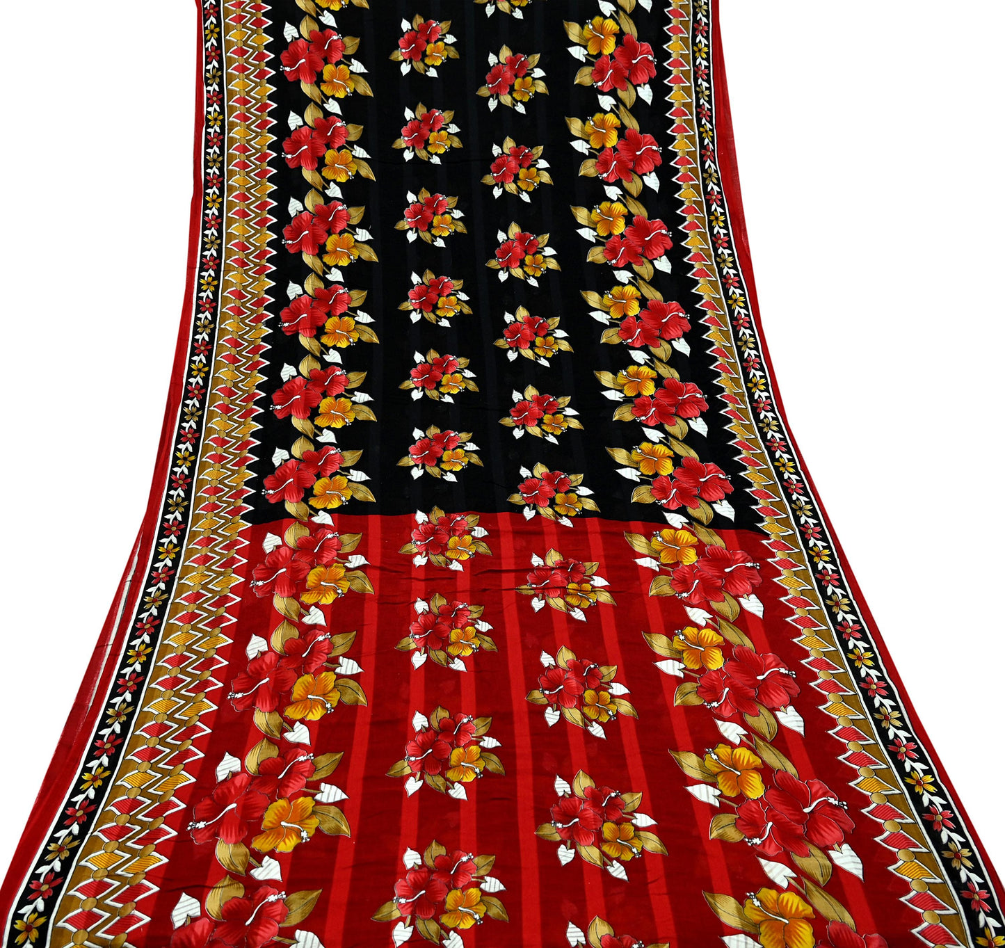 Indian Vintage Sari Red & Black Printed 100% Pure Cotton Saree Craft Fabric 5Yard Sewing Sarong Wrap Boho Floral