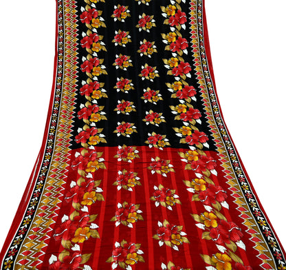Indian Vintage Sari Red & Black Printed 100% Pure Cotton Saree Craft Fabric 5Yard Sewing Sarong Wrap Boho Floral