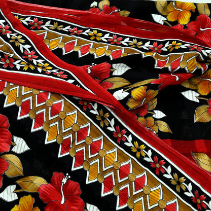 Indian Vintage Sari Red & Black Printed 100% Pure Cotton Saree Craft Fabric 5Yard Sewing Sarong Wrap Boho Floral