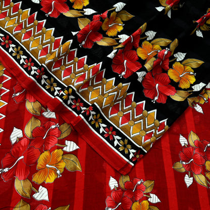 Indian Vintage Sari Red & Black Printed 100% Pure Cotton Saree Craft Fabric 5Yard Sewing Sarong Wrap Boho Floral