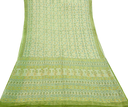 Indian Vintage Sari Beige & Green Pure Cotton Printed Sarees Craft Fabric Soft 5Yd Sarong Wrap Boho Fabric Kimono Quilting Crafting Upcycle