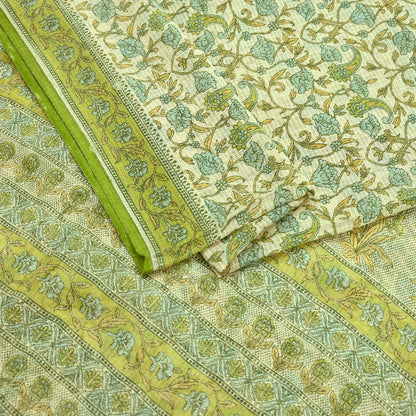 Indian Vintage Sari Beige & Green Pure Cotton Printed Sarees Craft Fabric Soft 5Yd Sarong Wrap Boho Fabric Kimono Quilting Crafting Upcycle