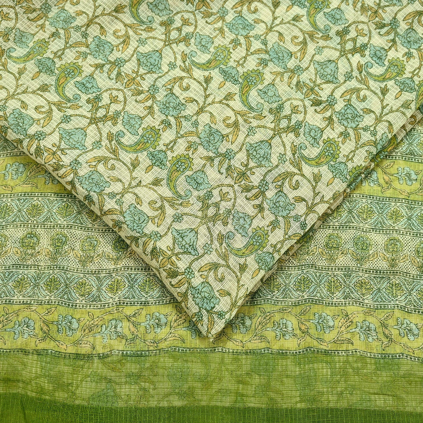Indian Vintage Sari Beige & Green Pure Cotton Printed Sarees Craft Fabric Soft 5Yd Sarong Wrap Boho Fabric Kimono Quilting Crafting Upcycle