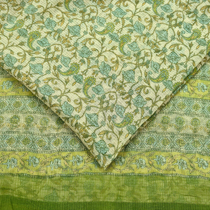 Indian Vintage Sari Beige & Green Pure Cotton Printed Sarees Craft Fabric Soft 5Yd Sarong Wrap Boho Fabric Kimono Quilting Crafting Upcycle