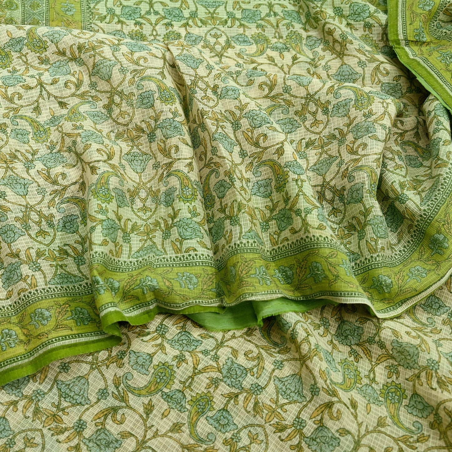 Indian Vintage Sari Beige & Green Pure Cotton Printed Sarees Craft Fabric Soft 5Yd Sarong Wrap Boho Fabric Kimono Quilting Crafting Upcycle