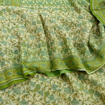 Indian Vintage Sari Beige & Green Pure Cotton Printed Sarees Craft Fabric Soft 5Yd Sarong Wrap Boho Fabric Kimono Quilting Crafting Upcycle
