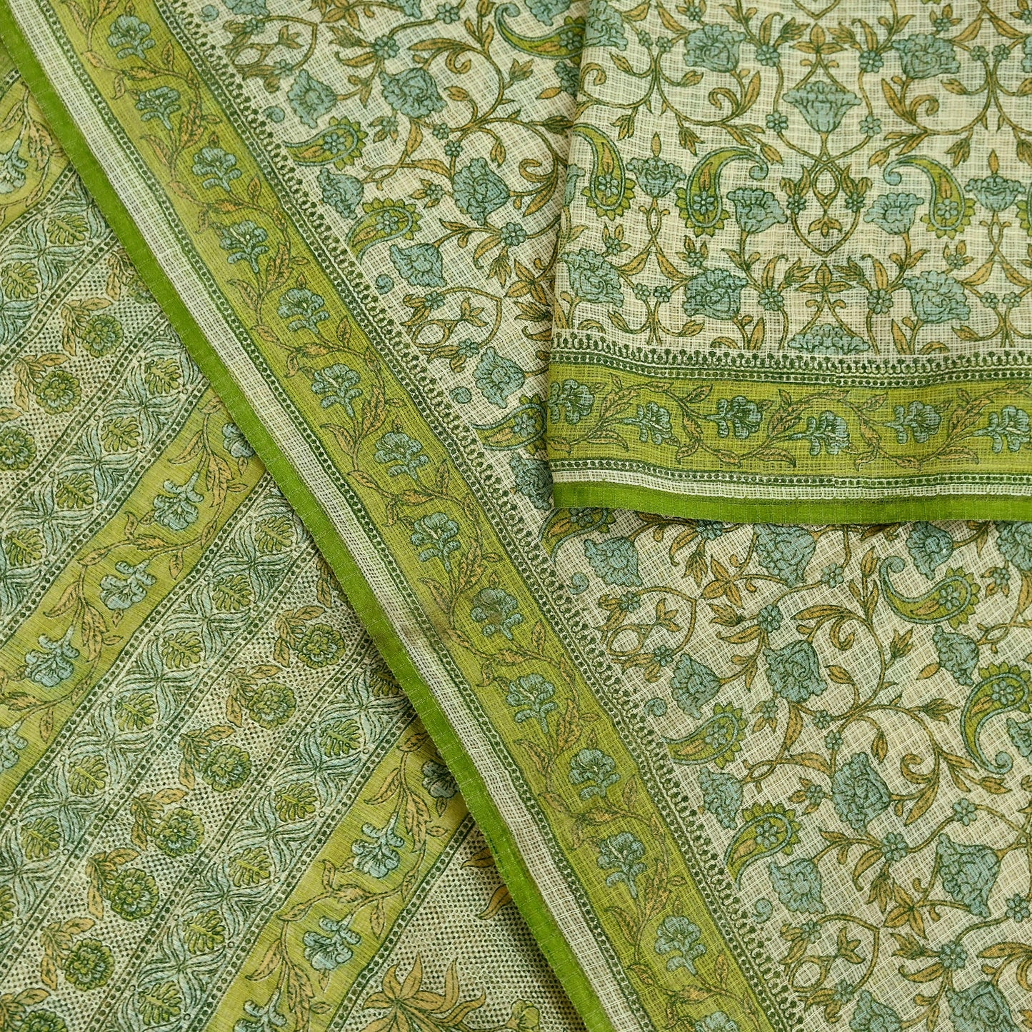 Indian Vintage Sari Beige & Green Pure Cotton Printed Sarees Craft Fabric Soft 5Yd Sarong Wrap Boho Fabric Kimono Quilting Crafting Upcycle