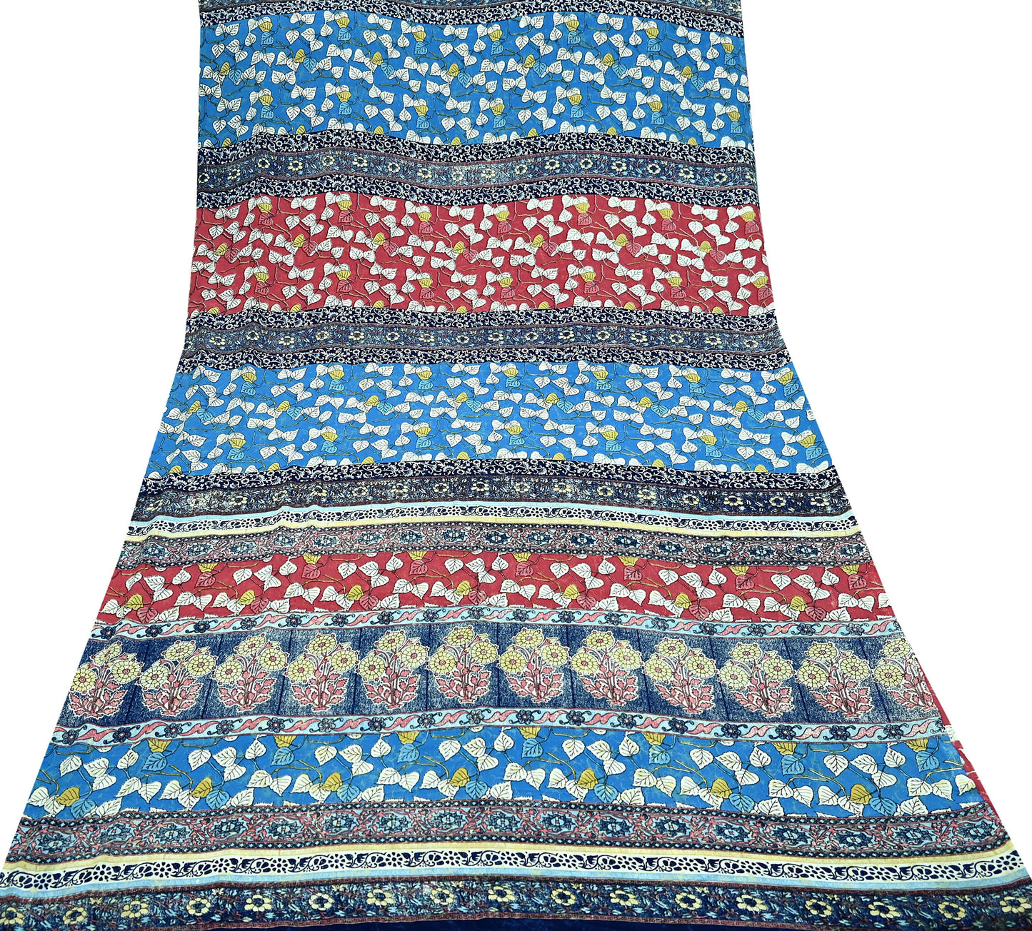 Indian Vintage Pink & Blue Saree Moss Crepe Printed Sari 5yd Sewing Floral Soft Craft Fabric Dressmaking