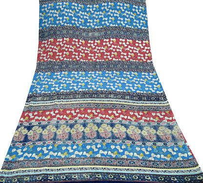 Indian Vintage Pink & Blue Saree Moss Crepe Printed Sari 5yd Sewing Floral Soft Craft Fabric Dressmaking