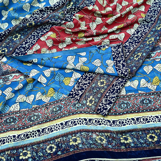 Indian Vintage Pink & Blue Saree Moss Crepe Printed Sari 5yd Sewing Floral Soft Craft Fabric Dressmaking