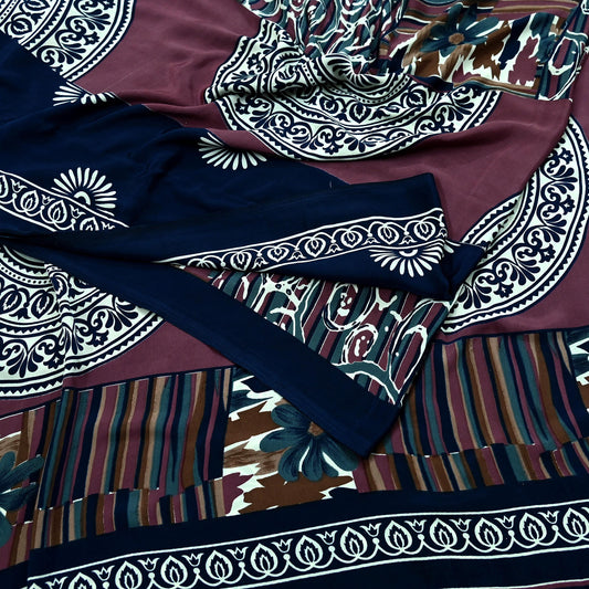 Indian Vintage Sari Pink & Blue Moss Crepe Printed Sarees Craft Fabric 5yd Sewing Floral Soft Dress making Quilting Crafting Upcycle  Used