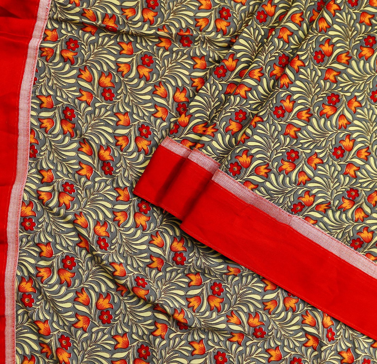 Indian Vintage Gray Sarees Moss Crepe Printed Sari 5yd Sewing Floral Soft Craft Fabric DressMaking For Crafting Quilting Upcycle