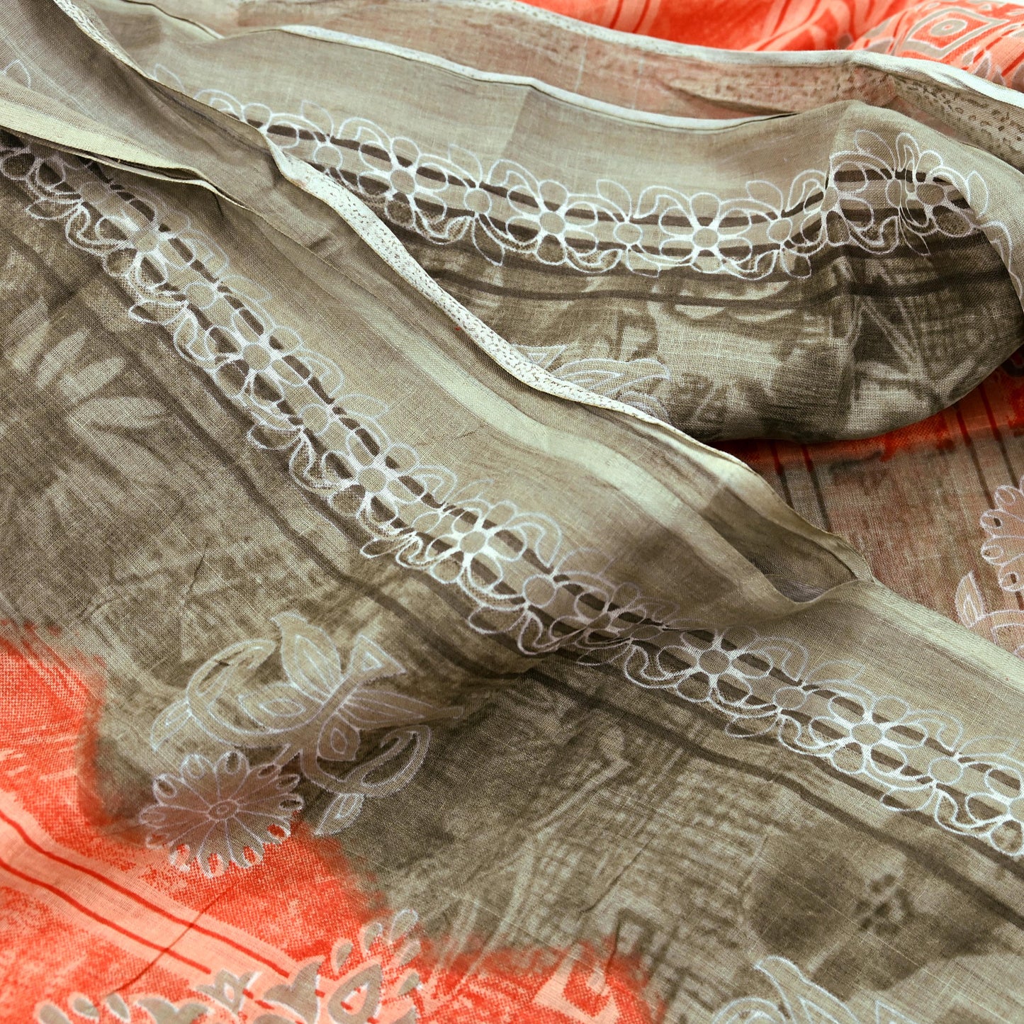 Indian Vintage Sari Brown & Peach 100% Pure Cotton Printed Sarees 5Yd Craft Fabric Sewing Sarong Wrap Boho Quilting Upcycle Dress Making