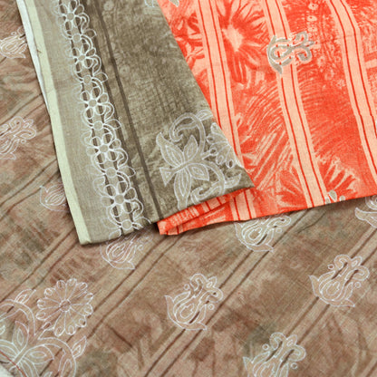 Indian Vintage Sari Brown & Peach 100% Pure Cotton Printed Sarees 5Yd Craft Fabric Sewing Sarong Wrap Boho Quilting Upcycle Dress Making