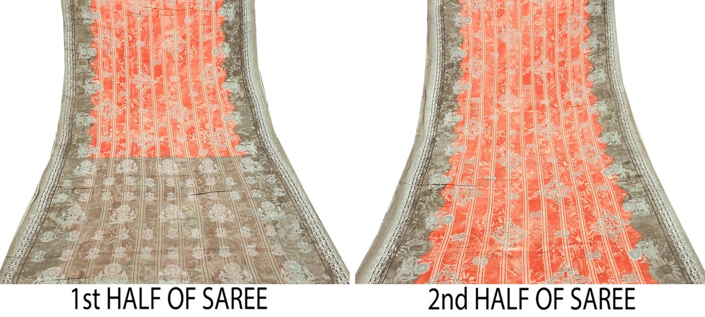 Indian Vintage Sari Brown & Peach 100% Pure Cotton Printed Sarees 5Yd Craft Fabric Sewing Sarong Wrap Boho Quilting Upcycle Dress Making