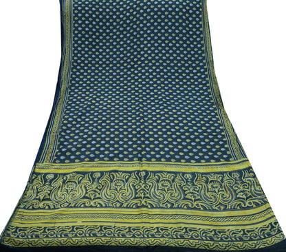 Indian Vintage Green & Gray Saree Printed Pure Cotton Sari Craft Fabric 5Yd Sewing Soft Sarong Wrap Boho Floral Quilting Crafting
