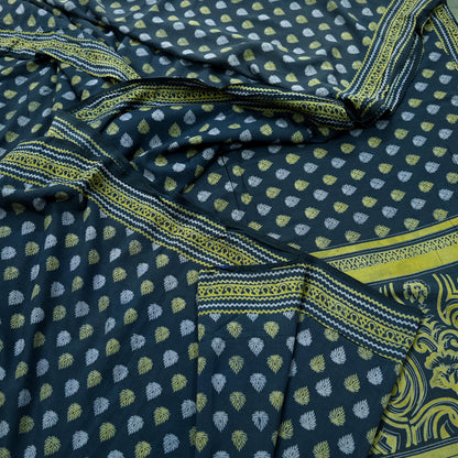 Indian Vintage Green & Gray Saree Printed Pure Cotton Sari Craft Fabric 5Yd Sewing Soft Sarong Wrap Boho Floral Quilting Crafting