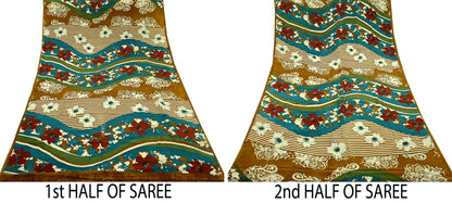 Indian Vintage Sari Green & Mustard Pure Crepe Silk Printed Sarees 5yd Sewing Floral Soft Craft Fabric Wrap Dress Making Crafting Quilting