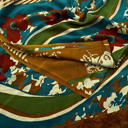 Indian Vintage Sari Green & Mustard Pure Crepe Silk Printed Sarees 5yd Sewing Floral Soft Craft Fabric Wrap Dress Making Crafting Quilting