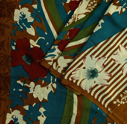 Indian Vintage Sari Green & Mustard Pure Crepe Silk Printed Sarees 5yd Sewing Floral Soft Craft Fabric Wrap Dress Making Crafting Quilting