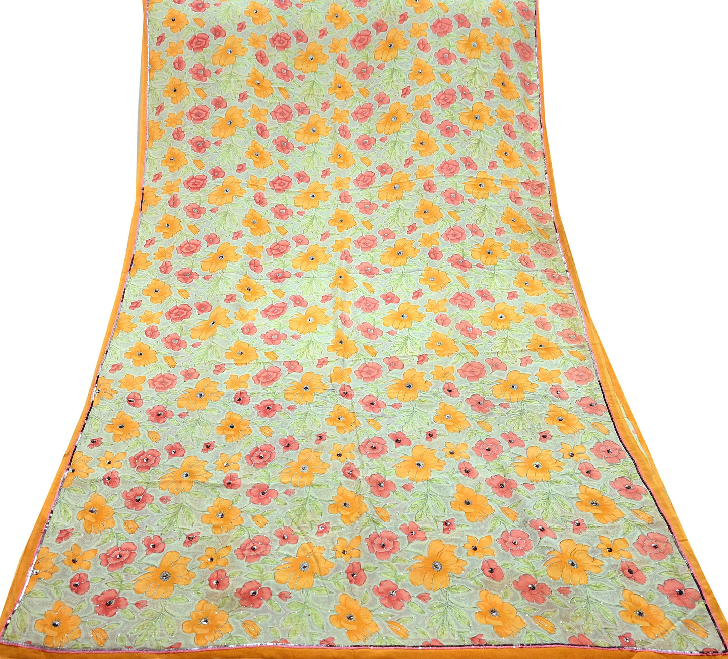 Indian Vintage Sari Ivory & Gray Pure Crepe Silk Hand Embroidered Saree 5yd Sewing Floral Craft Sequins Dress making Crafting Quilting