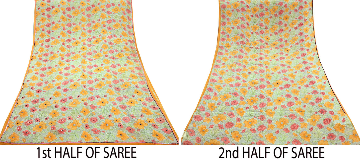 Indian Vintage Sari Ivory & Gray Pure Crepe Silk Hand Embroidered Saree 5yd Sewing Floral Craft Sequins Dress making Crafting Quilting