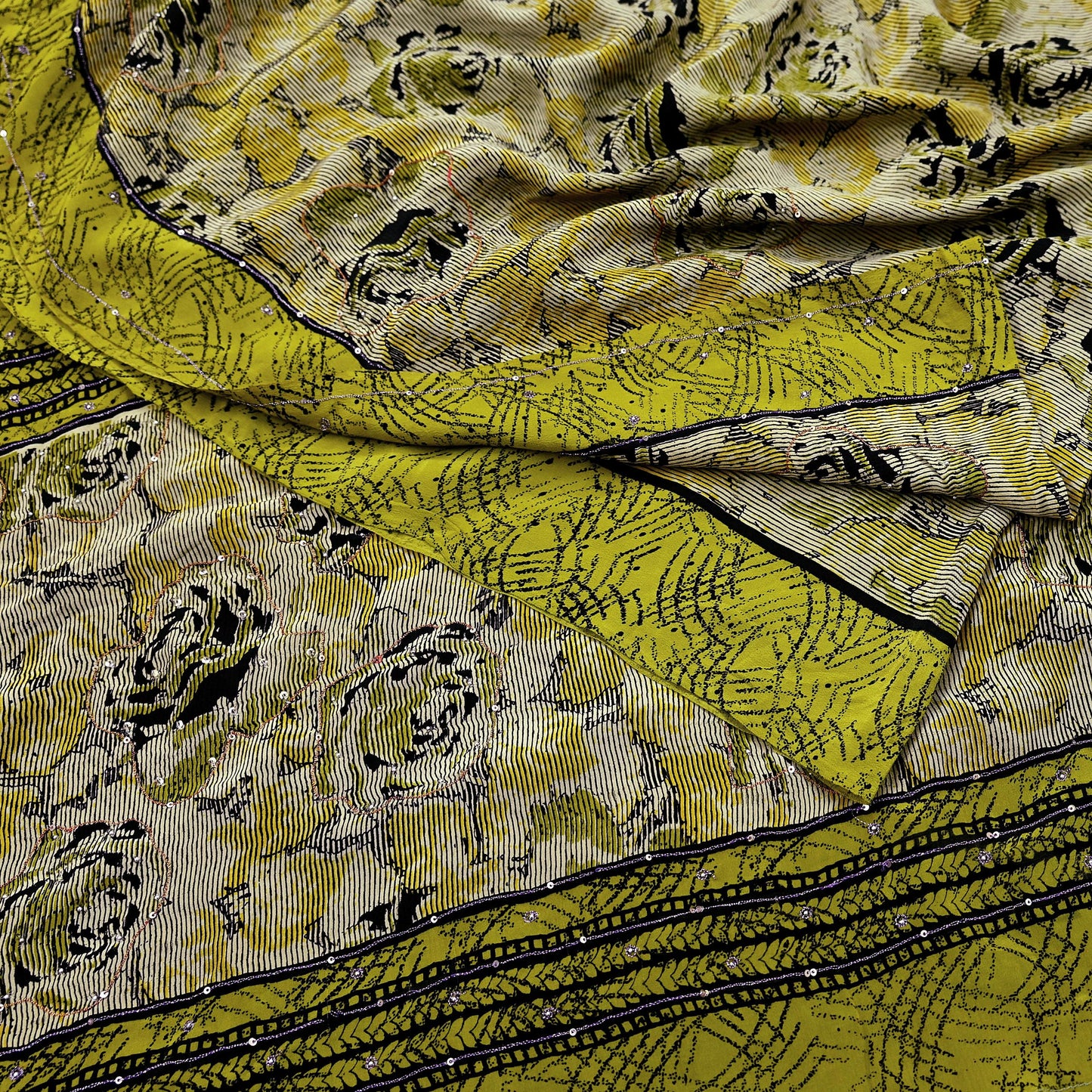 Indian Vintage Sari Beige & Green Pure Crepe Silk Hand Embroidered Saree 5yd Sewing Floral Craft Sequins Dress making Crafting Quilting