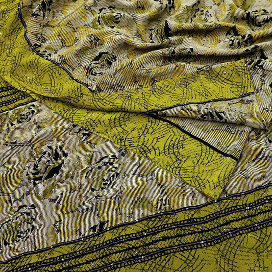 Indian Vintage Sari Beige & Green Pure Crepe Silk Hand Embroidered Saree 5yd Sewing Floral Craft Sequins Dress making Crafting Quilting